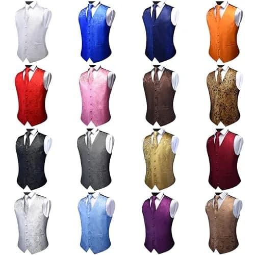 GUSLESON Mens Black Gold Paisley Suit Vest Tie and Bow Tie Set Silk Floral Waistcoat Necktie and Pocket Square Lapel Pin Set (3XL) thumbnail 5