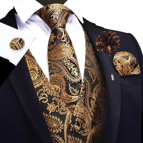 GUSLESON Mens Black Gold Paisley Suit Vest Tie and Bow Tie Set Silk Floral Waistcoat Necktie and Pocket Square Lapel Pin Set (3XL) thumbnail 2
