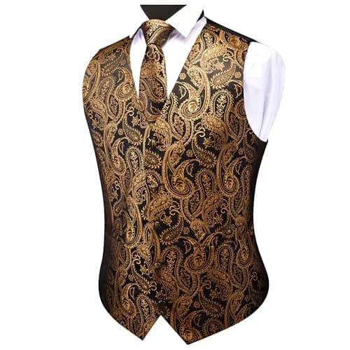 GUSLESON Mens Black Gold Paisley Suit Vest Tie and Bow Tie Set Silk Floral Waistcoat Necktie and Pocket Square Lapel Pin Set (3XL) thumbnail 3