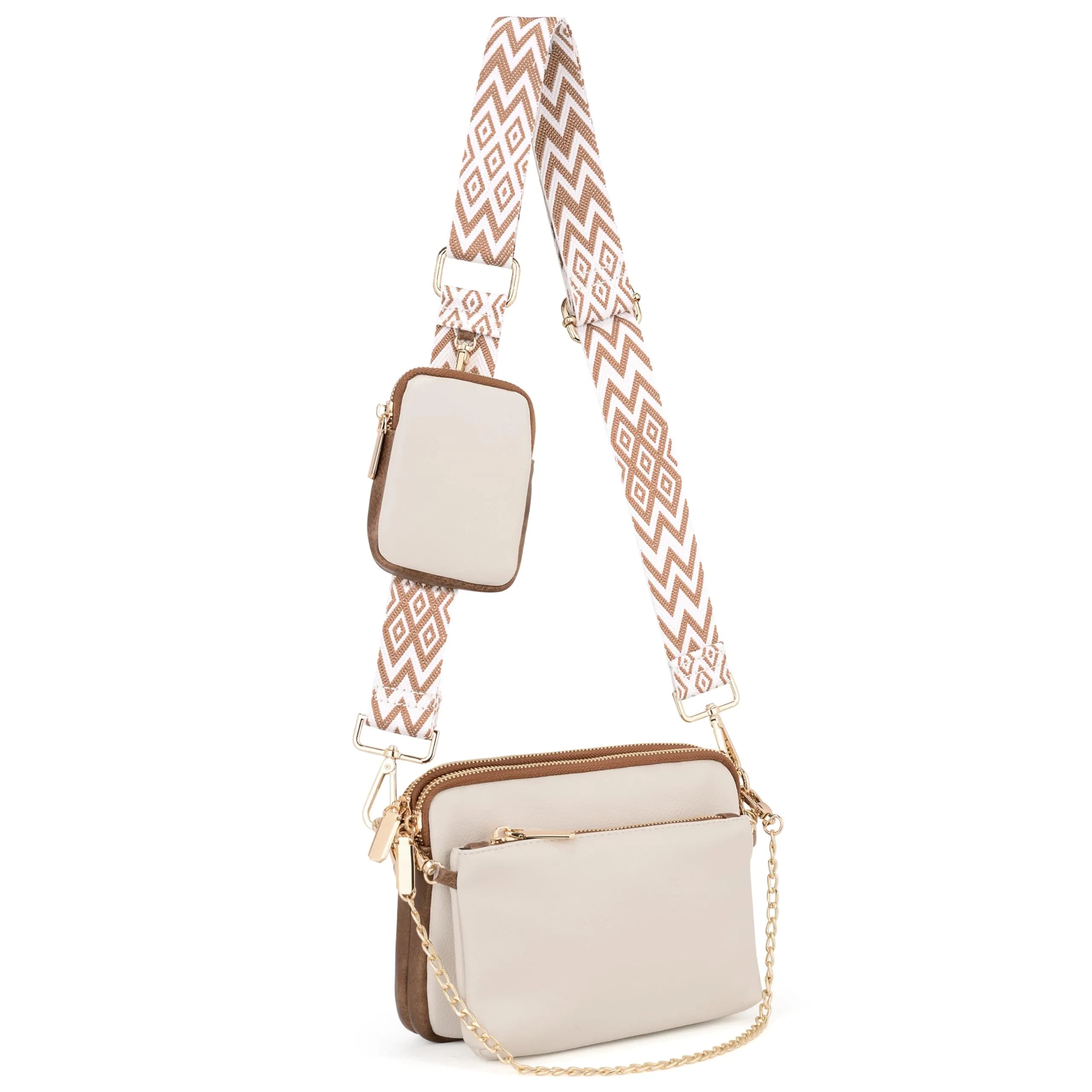 UTO Small Crossbody Bags 3 in 1 Trendy Belt Purse Fanny Chest Pack White B | Water-Resistant Synthetic Leather — 0947 Off White W/ Brown