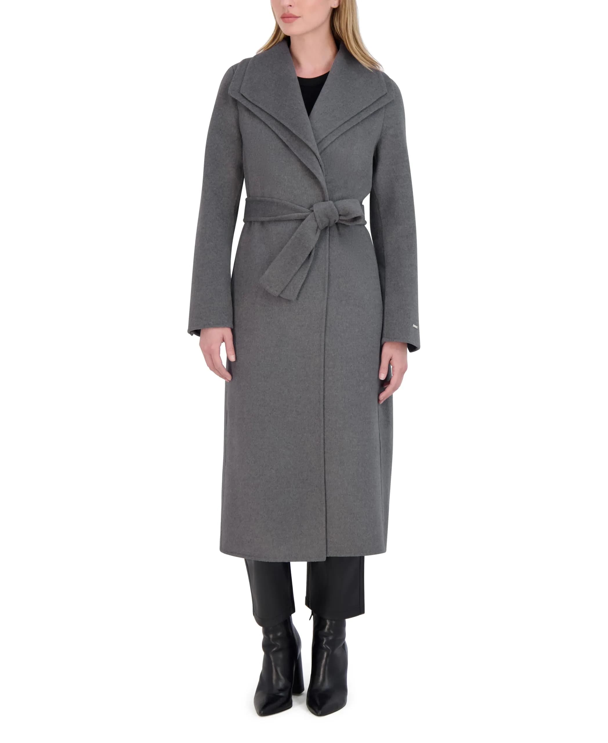 TAHARI Women's Elliot Slim Fit Wool Blend Wrap Coat, Ash, Small | Elegant Wool Coat for Work & Travel