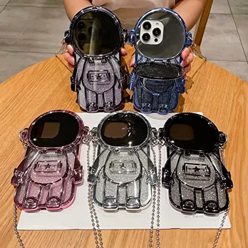 QoKcoahn Astronaut Hidden Stand Phone Case for iPhone 15 Plus | Luxury Glitter Bling with Mirror Chain thumbnail 7
