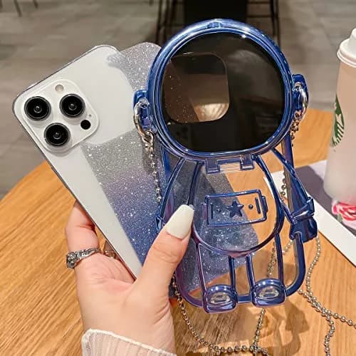 QoKcoahn Astronaut Hidden Stand Phone Case for iPhone 15 Plus | Luxury Glitter Bling with Mirror Chain thumbnail 3