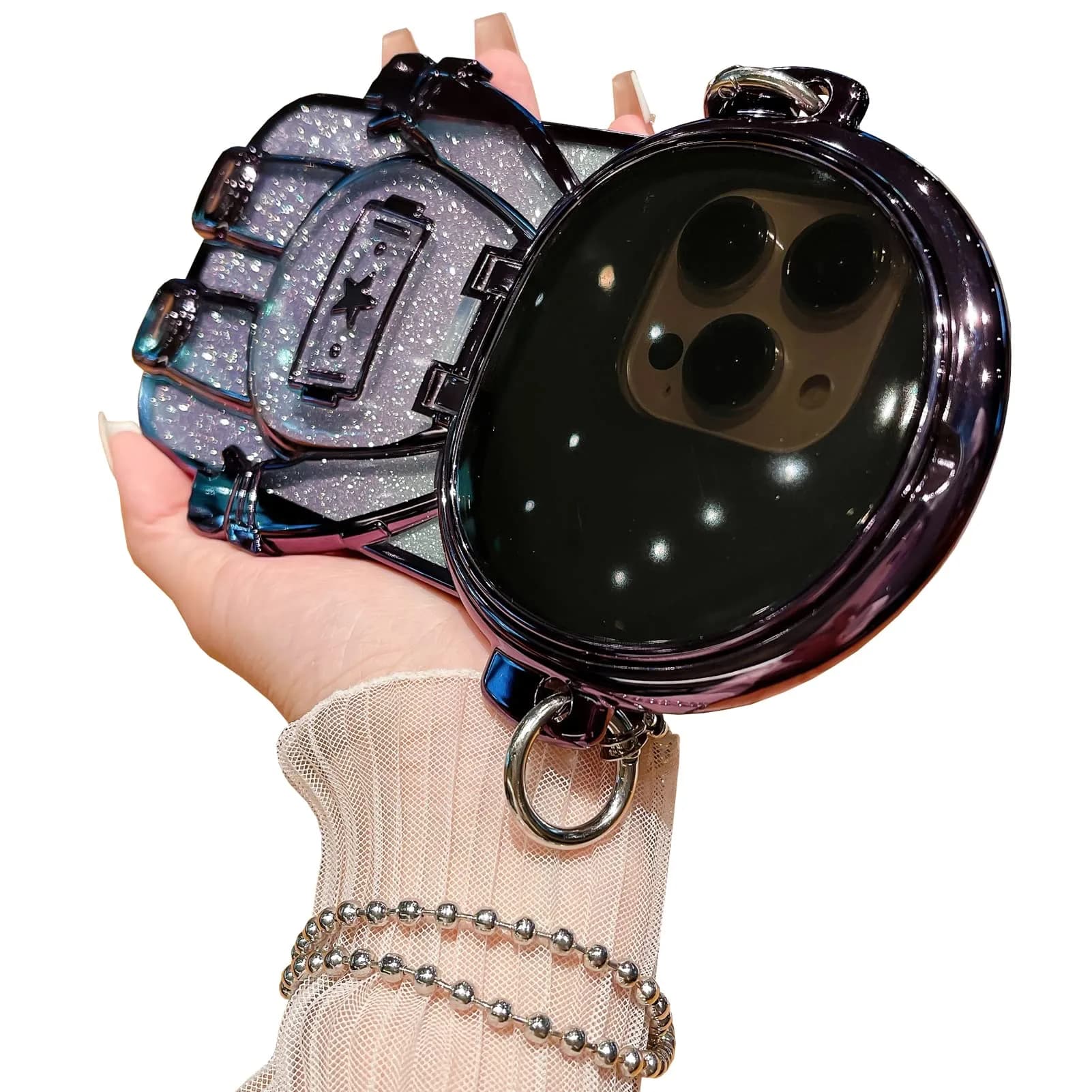 QoKcoahn Astronaut Hidden Stand Phone Case for iPhone 15 Pro Max | Luxury Glitter Bling with Mirror Chain — F Purple / iPhone 15 Pro Max