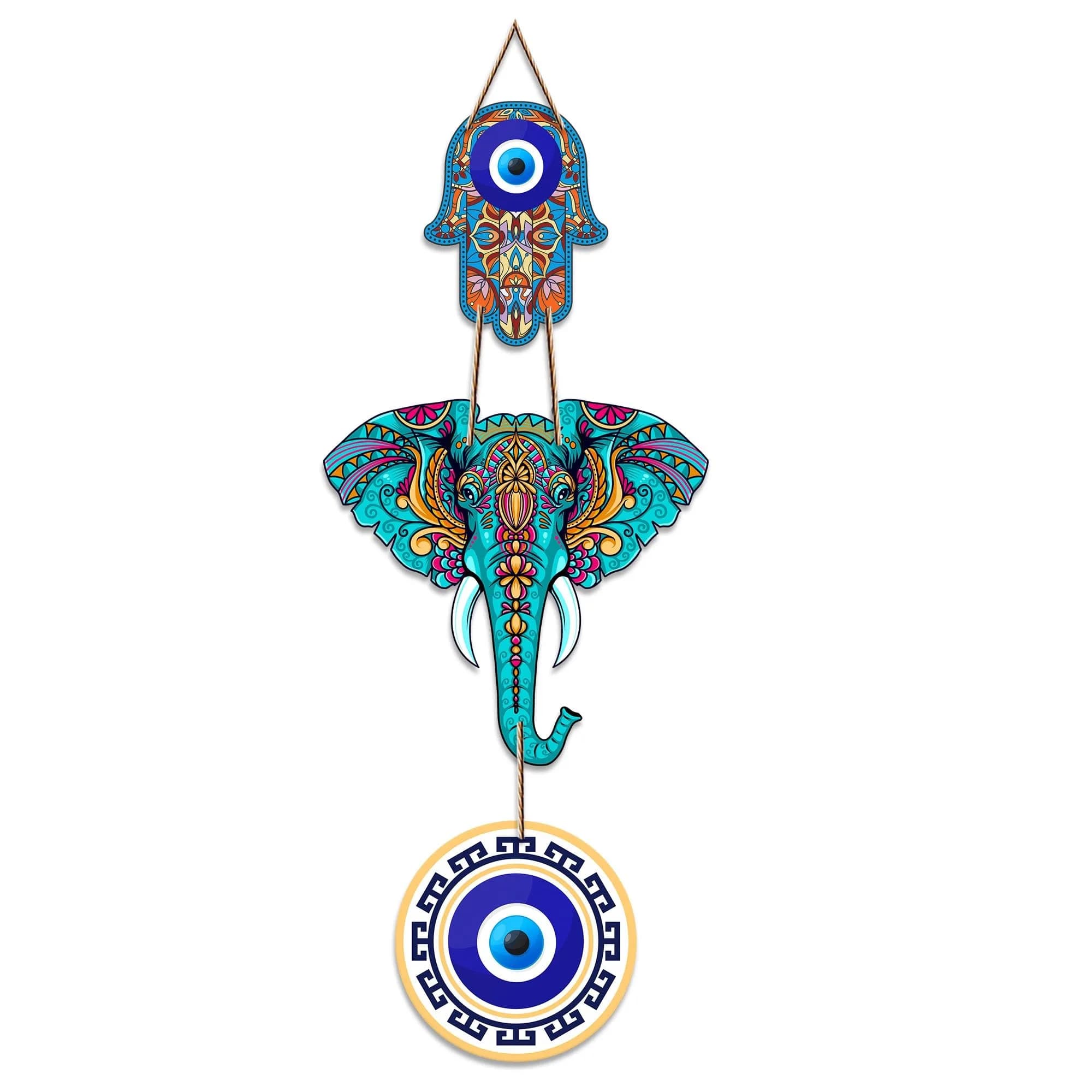 Artvibes Designer Elephant Wooden Wall Hanging 46cm (18") | Hamsa Hand Peace Charm for Living Room - main product image
