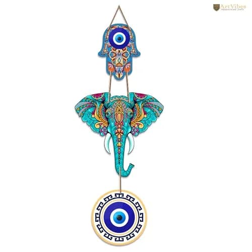 Artvibes Designer Elephant Wooden Wall Hanging 46cm (18") | Hamsa Hand Peace Charm for Living Room thumbnail 4