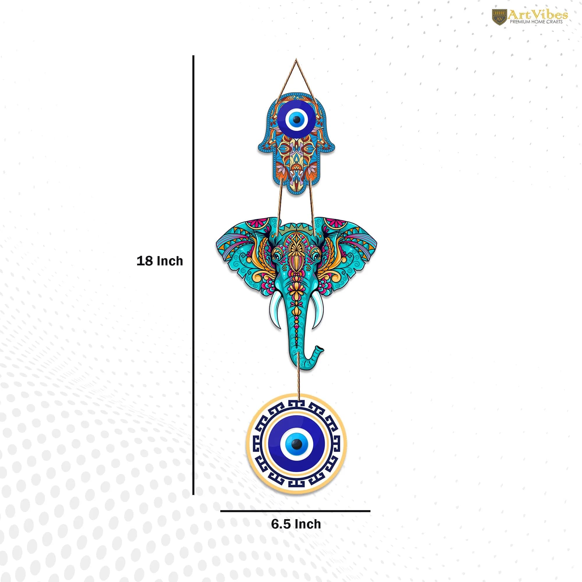Artvibes Designer Elephant Wooden Wall Hanging 46cm (18") | Hamsa Hand Peace Charm for Living Room - view 5