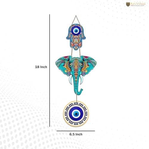 Artvibes Designer Elephant Wooden Wall Hanging 46cm (18") | Hamsa Hand Peace Charm for Living Room thumbnail 5