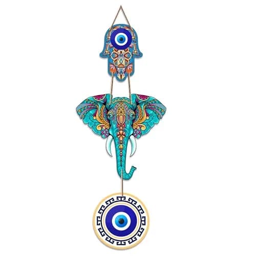 Artvibes Designer Elephant Wooden Wall Hanging 46cm (18") | Hamsa Hand Peace Charm for Living Room thumbnail 1