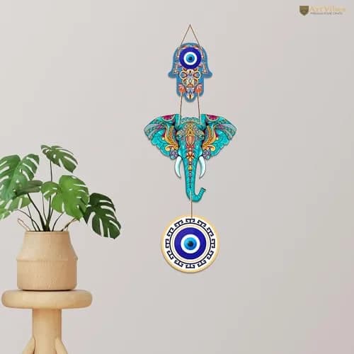 Artvibes Designer Elephant Wooden Wall Hanging 46cm (18") | Hamsa Hand Peace Charm for Living Room thumbnail 2
