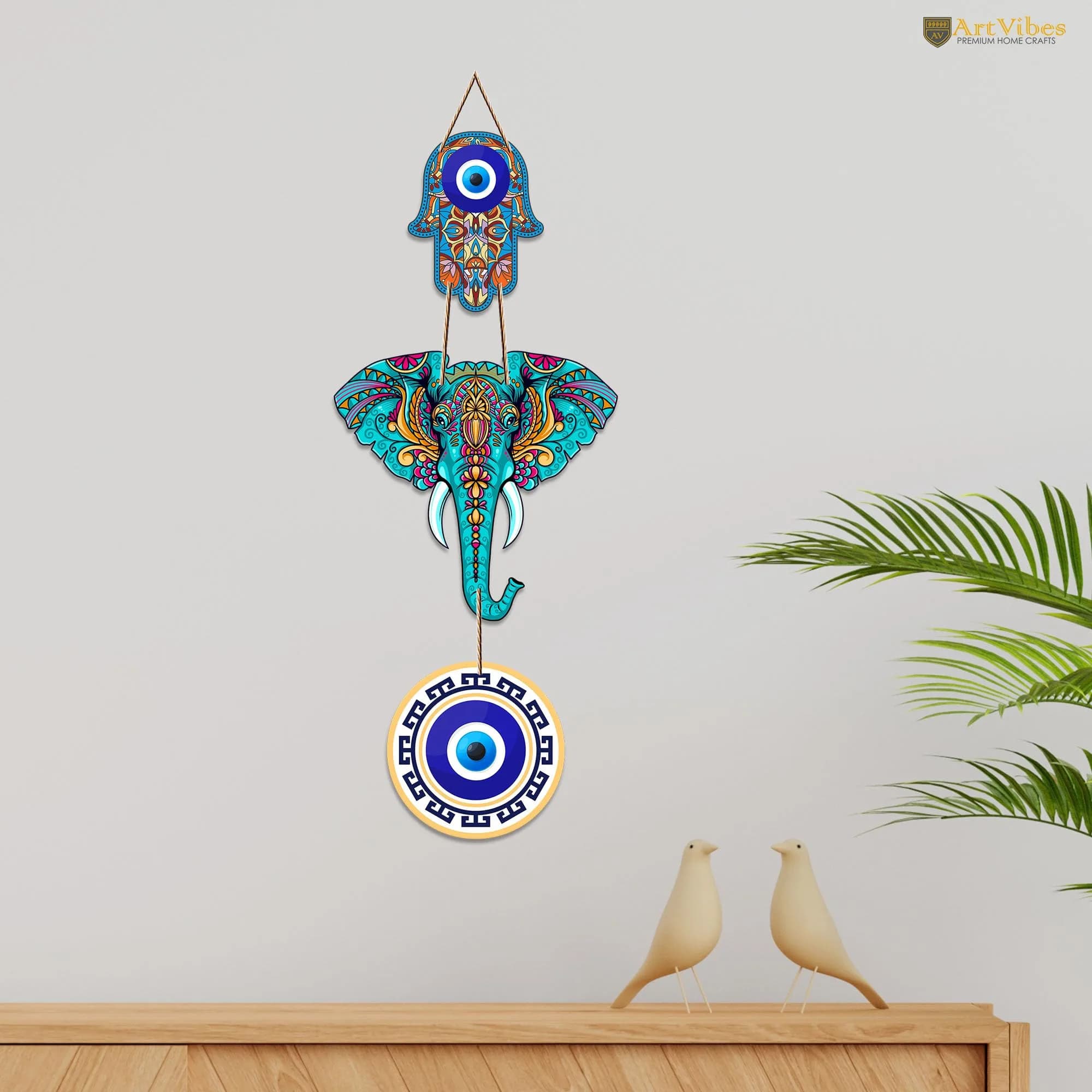 Artvibes Designer Elephant Wooden Wall Hanging 46cm (18") | Hamsa Hand Peace Charm for Living Room - view 3