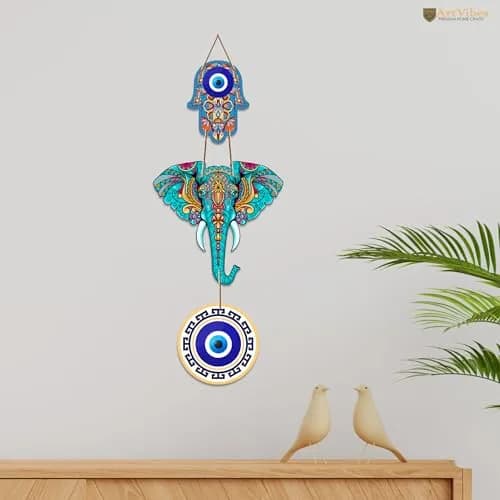 Artvibes Designer Elephant Wooden Wall Hanging 46cm (18") | Hamsa Hand Peace Charm for Living Room thumbnail 3