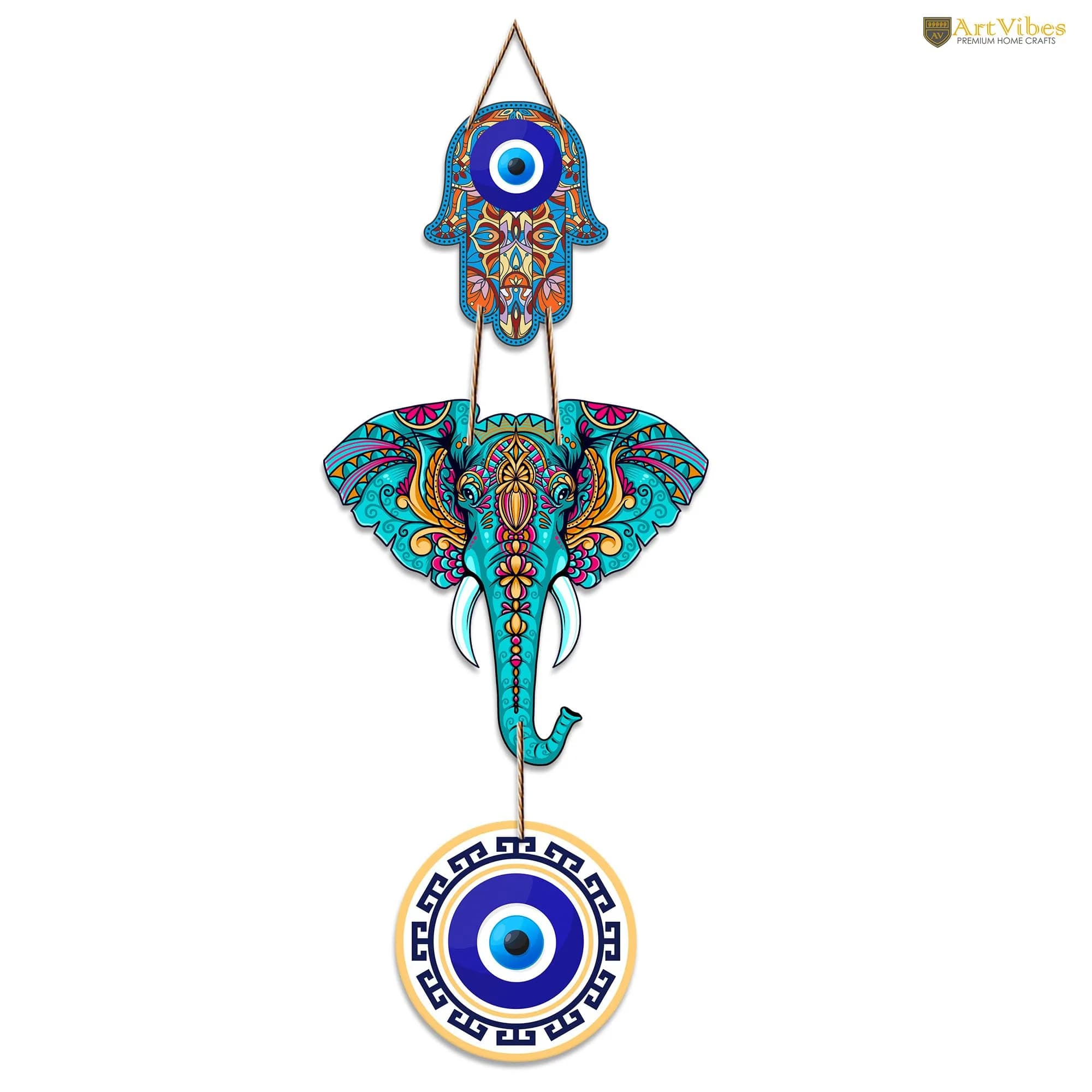 Artvibes Designer Elephant Wooden Wall Hanging 46cm (18") | Hamsa Hand Peace Charm for Living Room - view 4