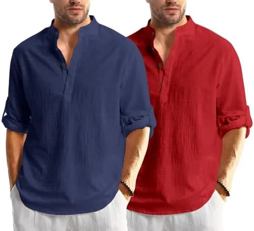 Bellstone Men's Cotton Blend Kurta Shirt 2-Pack (Marino & Maroon) | Regular Fit, Half Button Placket thumbnail 1