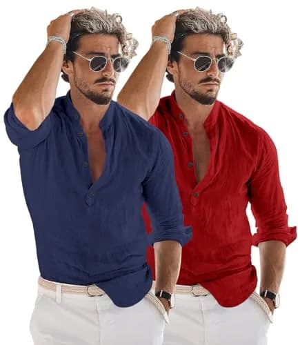 Bellstone Men's Cotton Blend Kurta Shirt 2-Pack (Marino & Maroon) | Regular Fit, Half Button Placket thumbnail 2