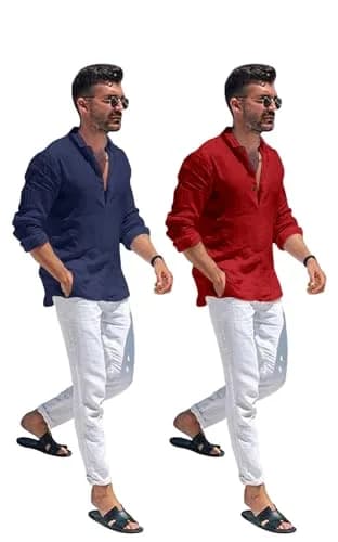 Bellstone Men's Cotton Blend Kurta Shirt 2-Pack (Marino & Maroon) | Regular Fit, Half Button Placket thumbnail 3