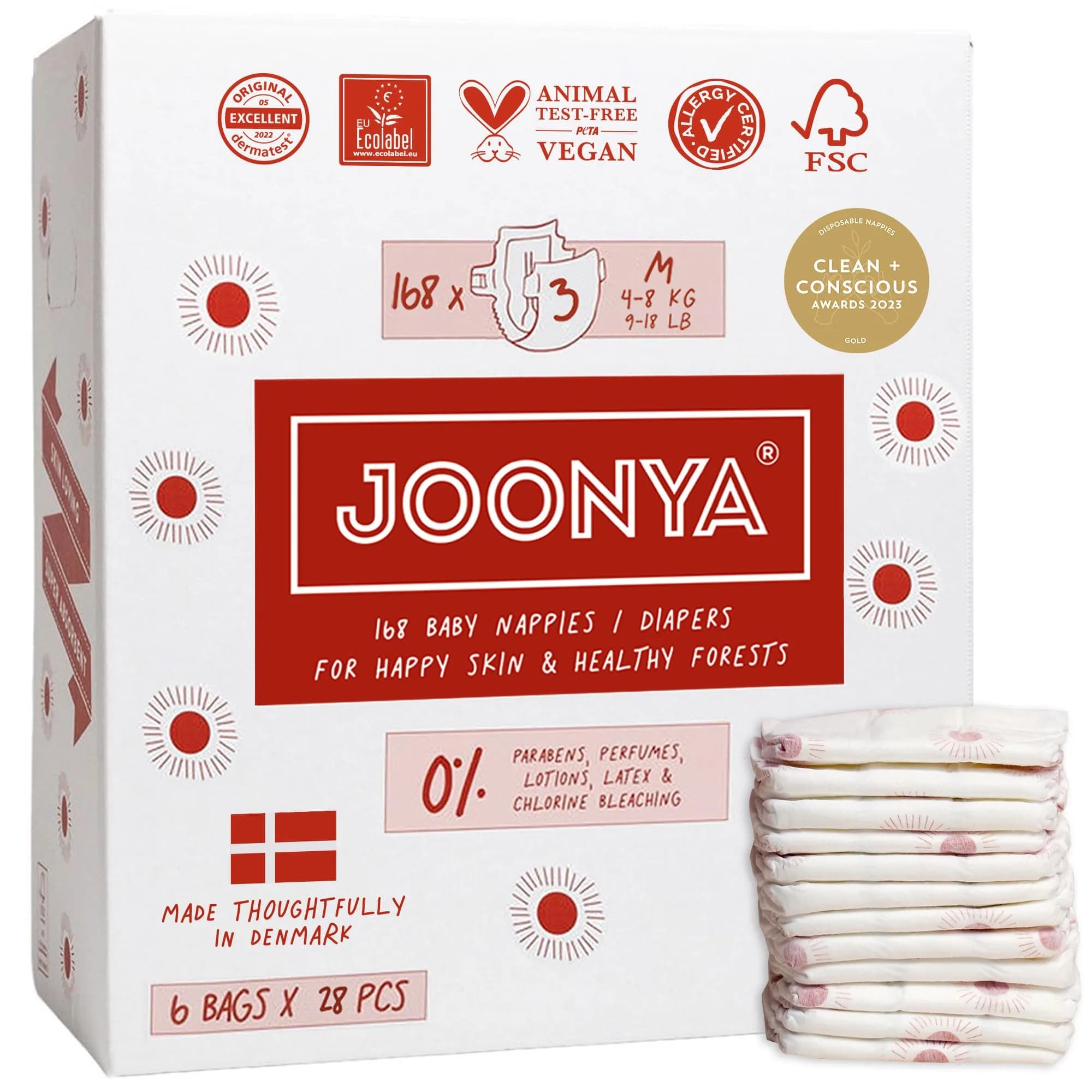 JOONYA Baby Diapers Size 3 M | Ultra Slim, 12-Hour Absorbency, Non-Toxic, Eco-Friendly, Made in Denmark — 6 Bags