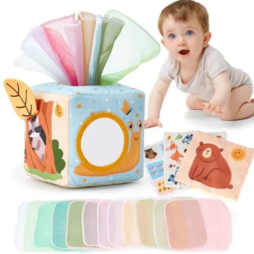 hahaland Montessori Tissue Box Toy | Sensory Pulling Play Scarf Soft Box, Crinkle Paper, Mirror, Tag for Babies Boy Girl Gifts Must Haves 1 Year Old Birthday Gift thumbnail 1