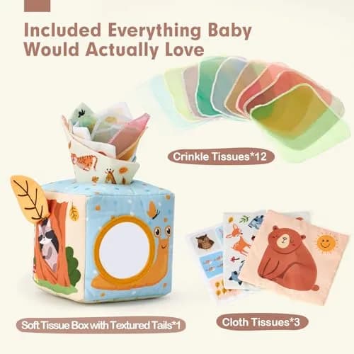 hahaland Montessori Tissue Box Toy | Sensory Pulling Play Scarf Soft Box, Crinkle Paper, Mirror, Tag for Babies Boy Girl Gifts Must Haves 1 Year Old Birthday Gift thumbnail 7