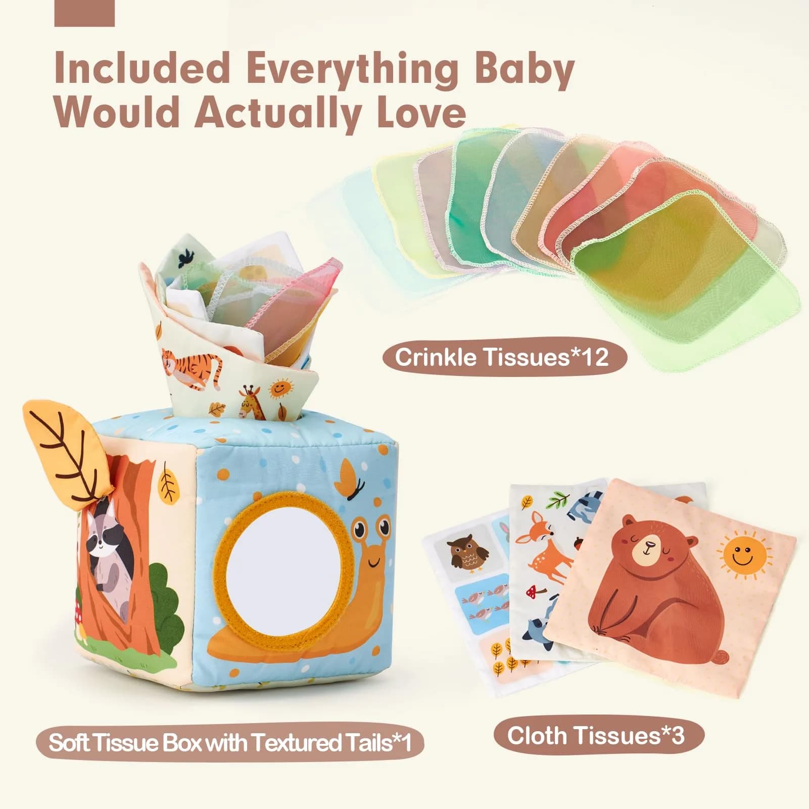 hahaland Montessori Tissue Box Toy | Sensory Pulling Play Scarf Soft Box, Crinkle Paper, Mirror, Tag for Babies Boy Girl Gifts Must Haves 1 Year Old Birthday Gift - view 7