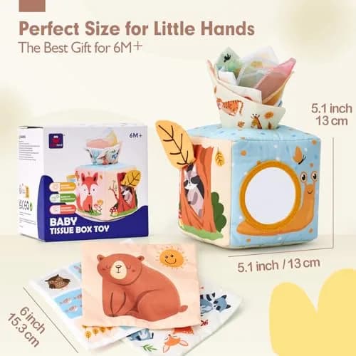 hahaland Montessori Tissue Box Toy | Sensory Pulling Play Scarf Soft Box, Crinkle Paper, Mirror, Tag for Babies Boy Girl Gifts Must Haves 1 Year Old Birthday Gift thumbnail 8