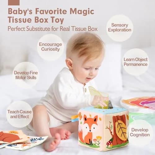 hahaland Montessori Tissue Box Toy | Sensory Pulling Play Scarf Soft Box, Crinkle Paper, Mirror, Tag for Babies Boy Girl Gifts Must Haves 1 Year Old Birthday Gift thumbnail 2