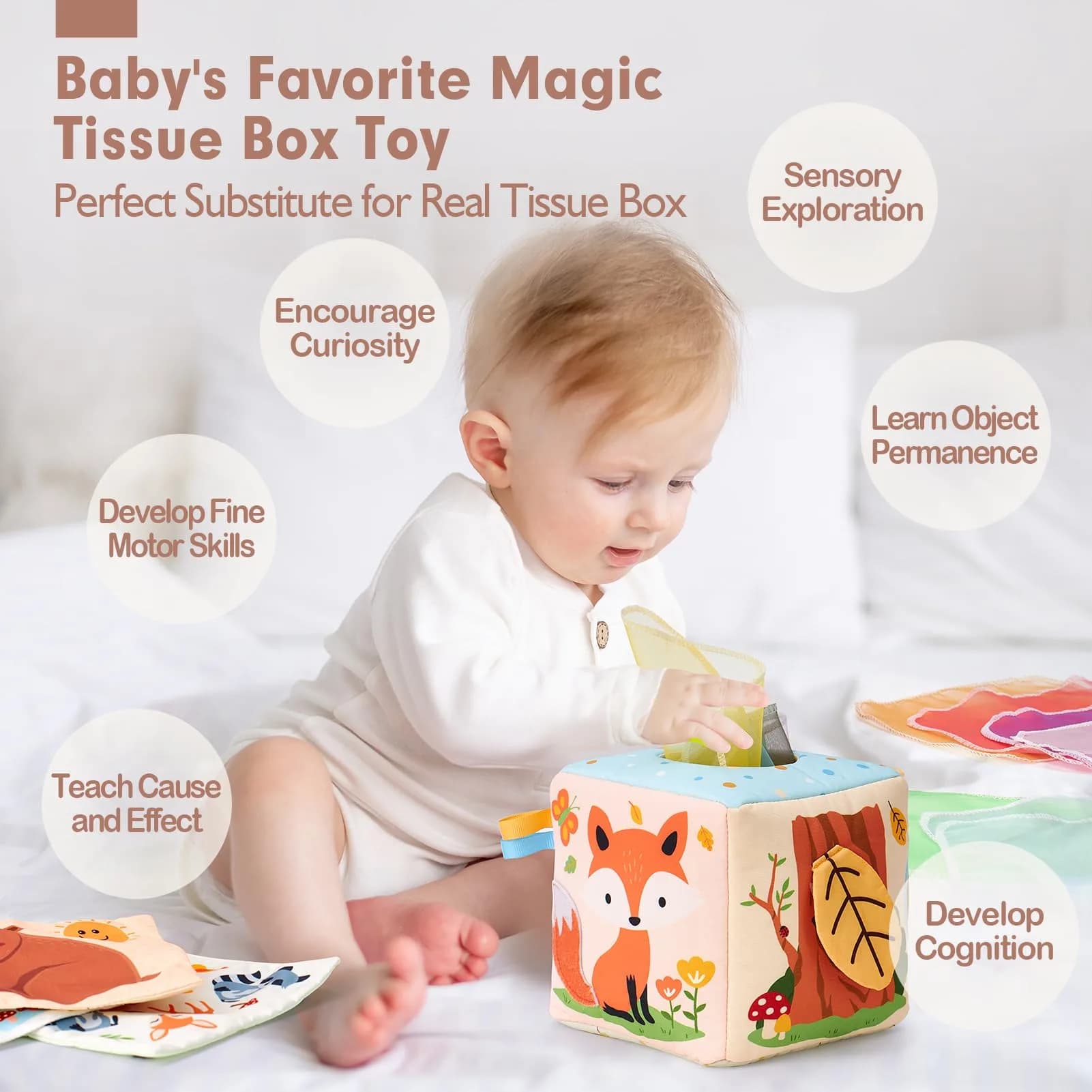 hahaland Montessori Tissue Box Toy | Sensory Pulling Play Scarf Soft Box, Crinkle Paper, Mirror, Tag for Babies Boy Girl Gifts Must Haves 1 Year Old Birthday Gift - view 2