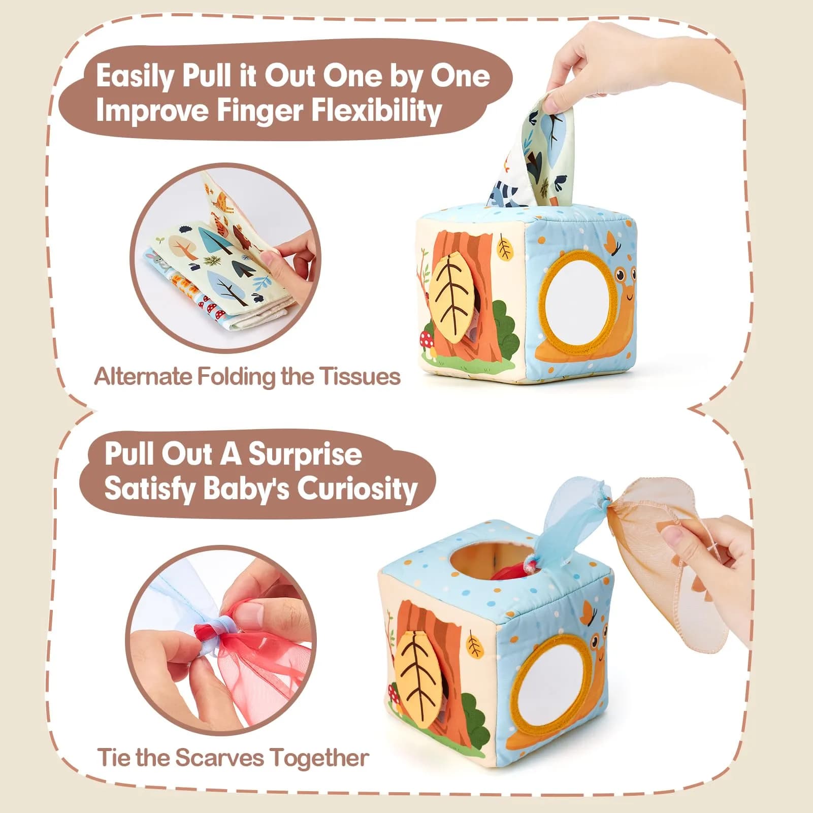 hahaland Montessori Tissue Box Toy | Sensory Pulling Play Scarf Soft Box, Crinkle Paper, Mirror, Tag for Babies Boy Girl Gifts Must Haves 1 Year Old Birthday Gift - view 3