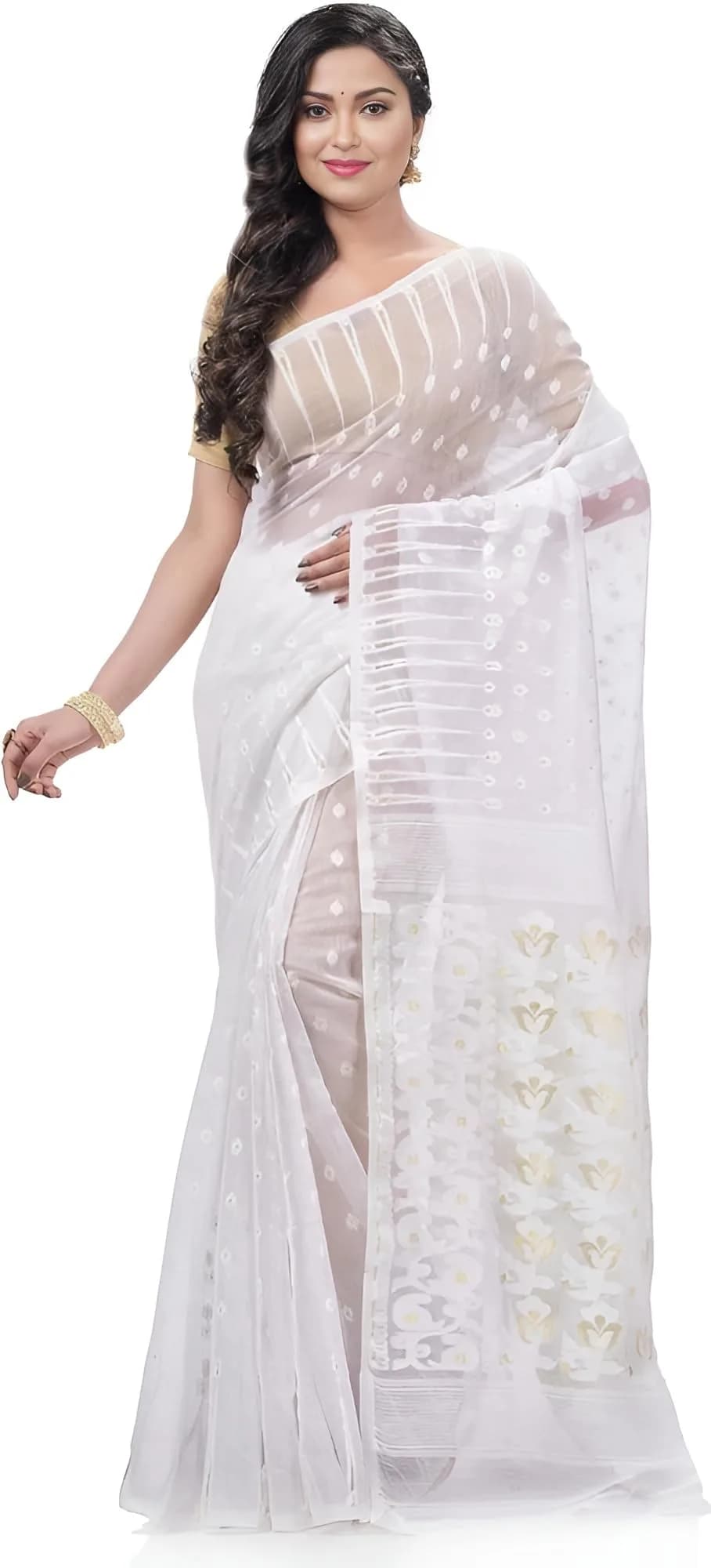 AS Aishwarya Sarees Women's Soft Dhakai Jamdani Saree With Blouse Piece, White, 6.3m (20.7 ft)
