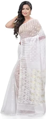 AS Aishwarya Sarees Women's Soft Dhakai Jamdani Saree With Blouse Piece, White, 6.3m (20.7 ft) thumbnail 4