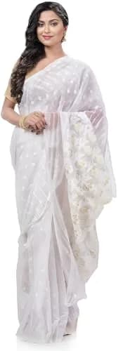 AS Aishwarya Sarees Women's Soft Dhakai Jamdani Saree With Blouse Piece, White, 6.3m (20.7 ft) thumbnail 5