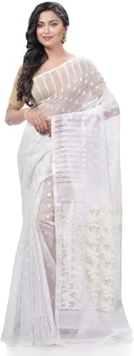 AS Aishwarya Sarees Women's Soft Dhakai Jamdani Saree With Blouse Piece, White, 6.3m (20.7 ft) thumbnail 3