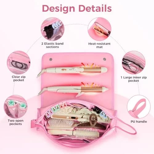 JKAOO Hair Tools Travel Bag and Heat Resistant Mat, Sweet Pink | 14.2L x 3.9W x 5.1H inches | Heat-Resistant & Portable thumbnail 5