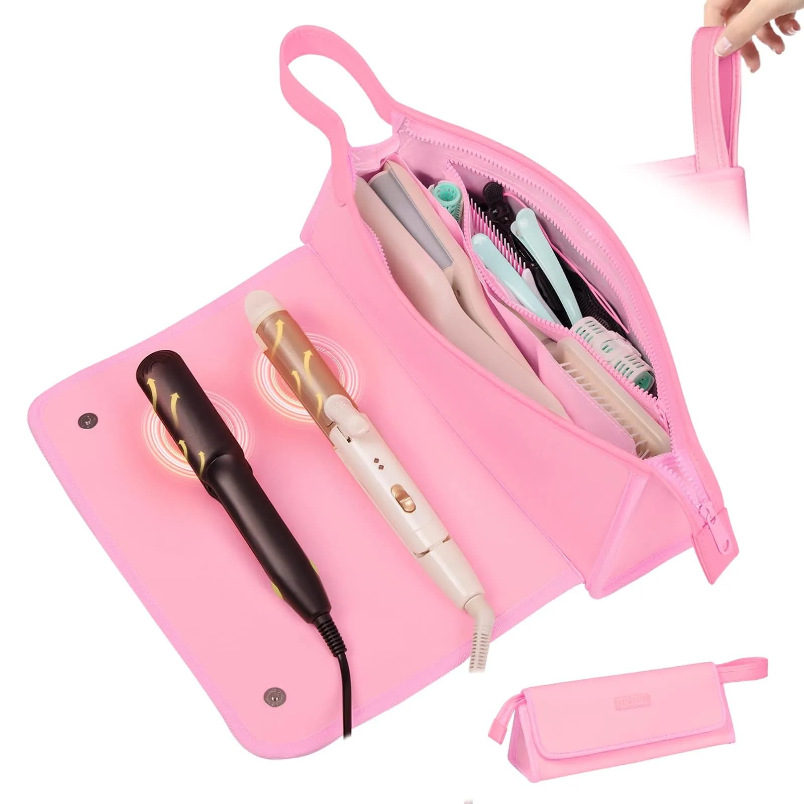 JKAOO Hair Tools Travel Bag and Heat Resistant Mat, Sweet Pink | 14.2L x 3.9W x 5.1H inches | Heat-Resistant & Portable — Sweet Pink