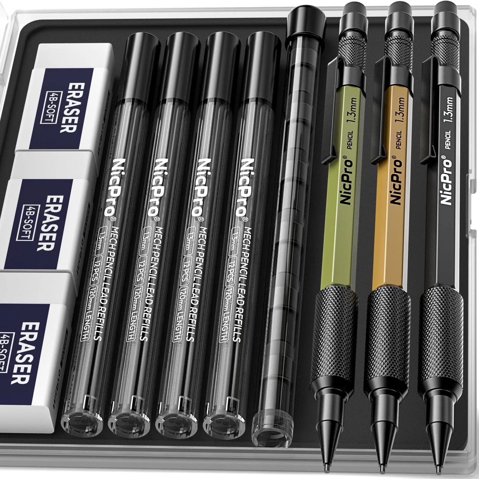 Nicpro 1.3mm Mechanical Pencil Set with 48 Lead Refills & 3 Erasers | Heavy Duty Outdoor Marking & Drafting - main product image