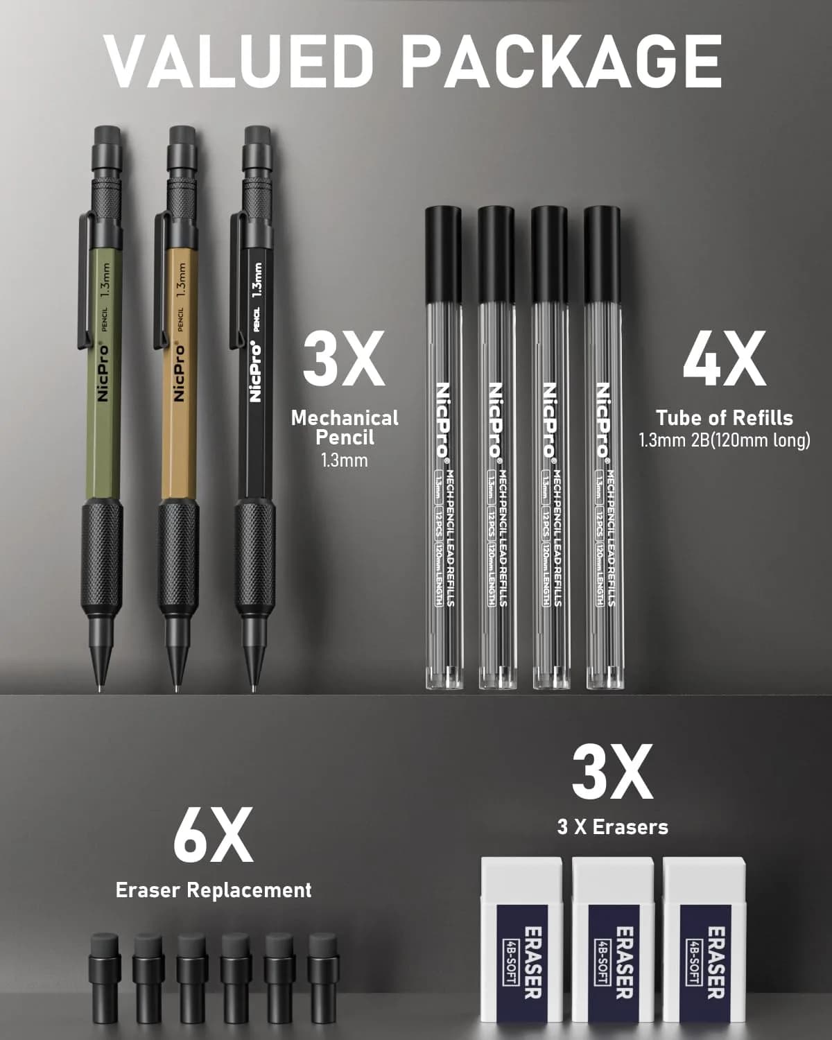 Nicpro 1.3mm Mechanical Pencil Set with 48 Lead Refills & 3 Erasers | Heavy Duty Outdoor Marking & Drafting - view 6
