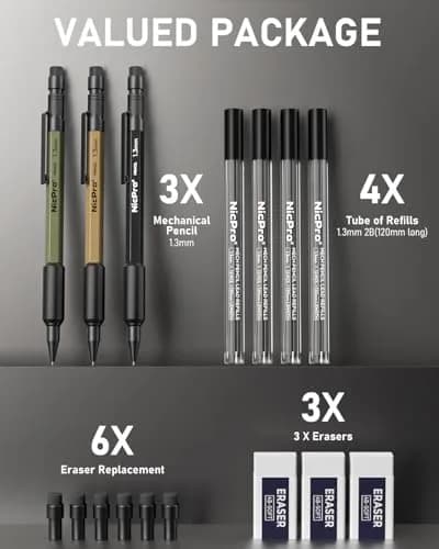 Nicpro 1.3mm Mechanical Pencil Set with 48 Lead Refills & 3 Erasers | Heavy Duty Outdoor Marking & Drafting thumbnail 6