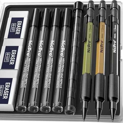 Nicpro 1.3mm Mechanical Pencil Set with 48 Lead Refills & 3 Erasers | Heavy Duty Outdoor Marking & Drafting thumbnail 1