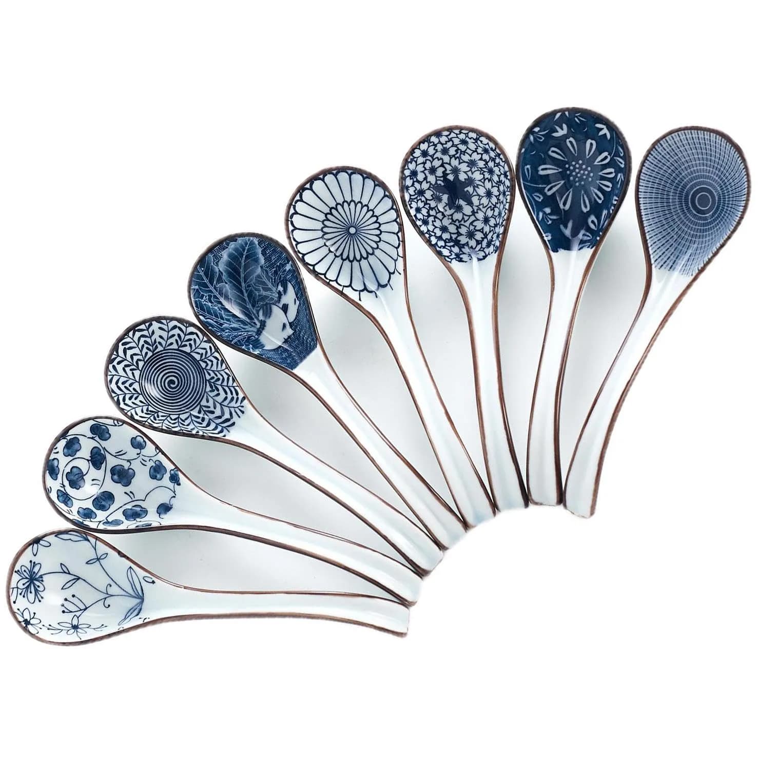 Hoilse Ceramic Asian Soup Spoons Set of 8 - Blue | 16.5cm (6.5in) Easy-Grip Long Handle - main product image