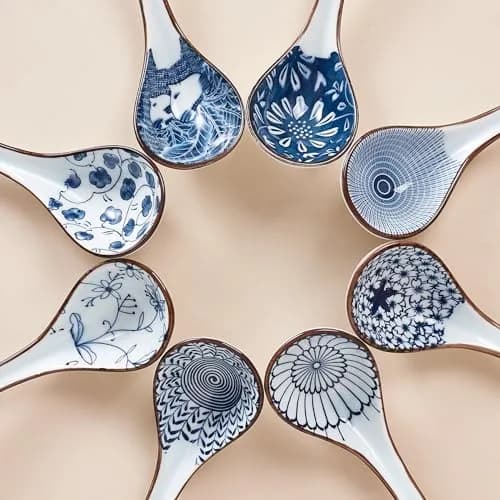 Hoilse Ceramic Asian Soup Spoons Set of 8 - Blue | 16.5cm (6.5in) Easy-Grip Long Handle thumbnail 6