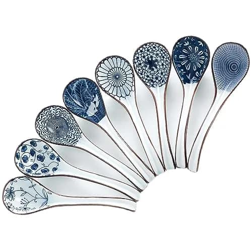 Hoilse Ceramic Asian Soup Spoons Set of 8 - Blue | 16.5cm (6.5in) Easy-Grip Long Handle thumbnail 1