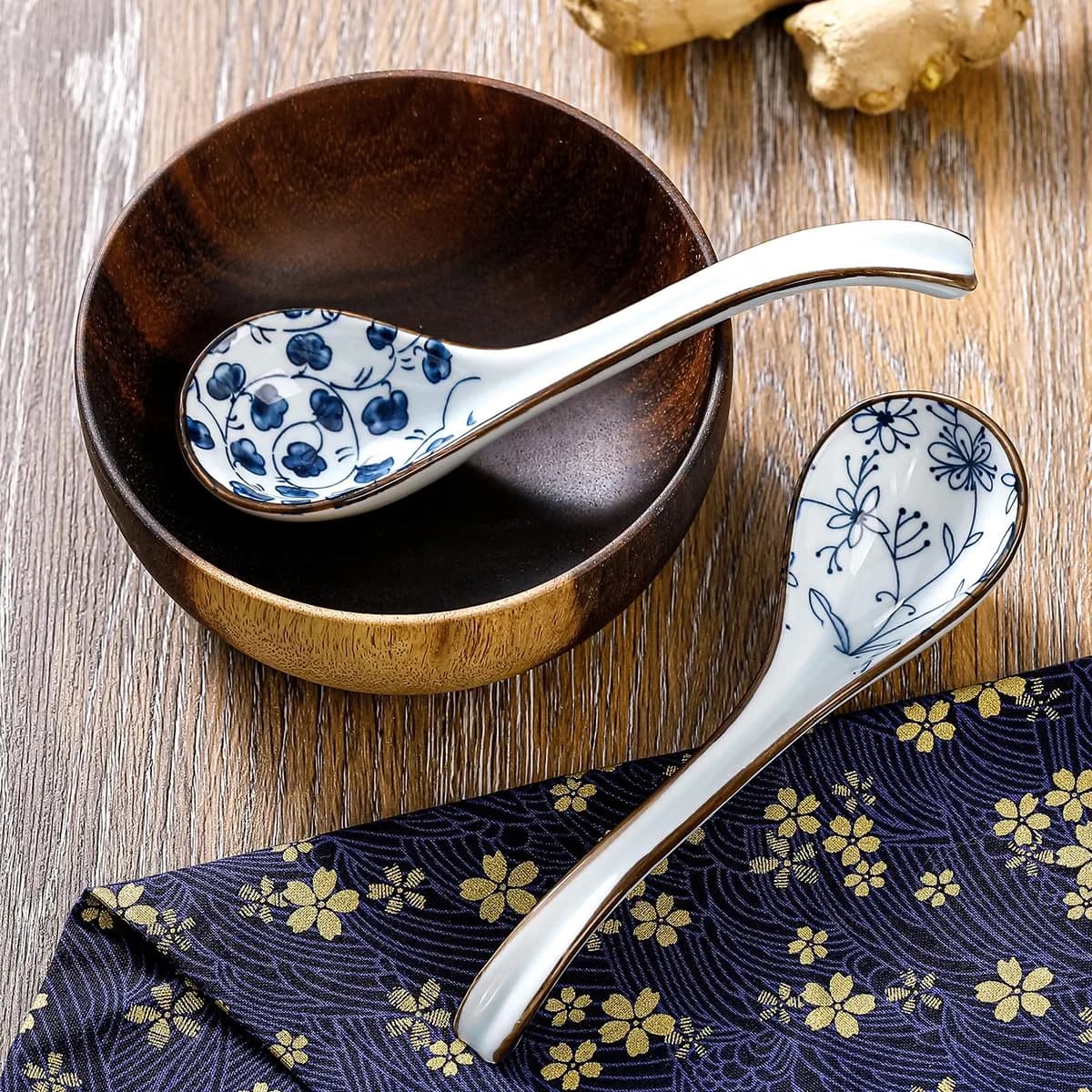 Hoilse Ceramic Asian Soup Spoons Set of 8 - Blue | 16.5cm (6.5in) Easy-Grip Long Handle - view 8