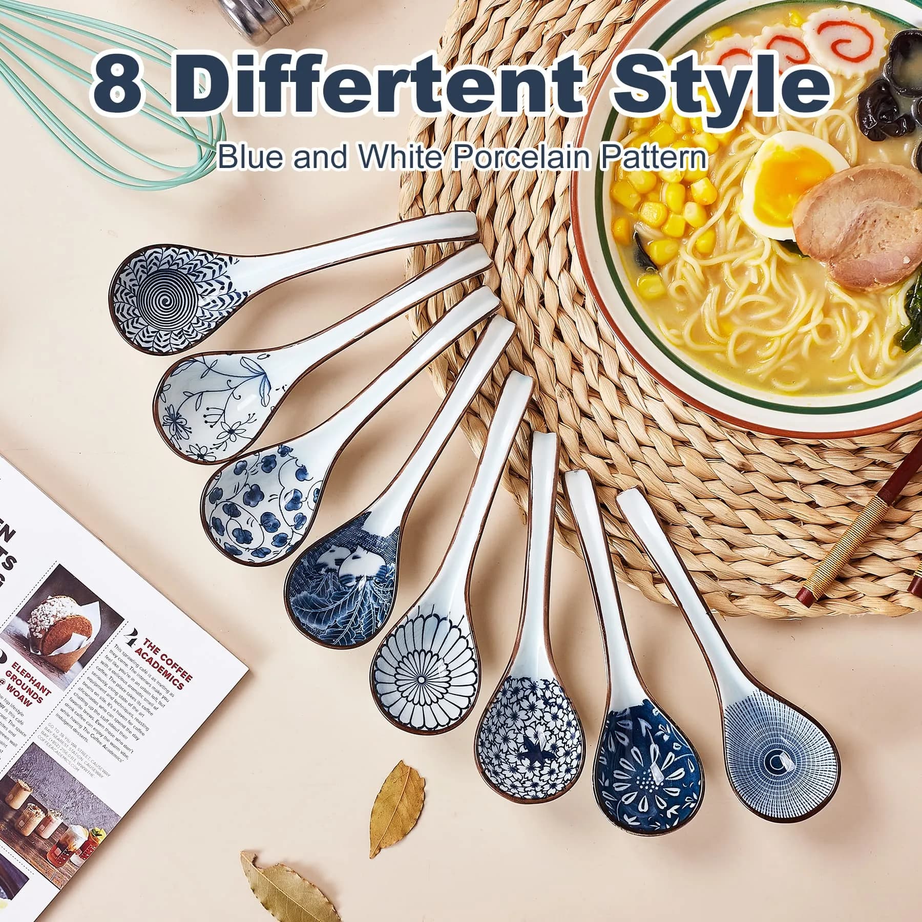 Hoilse Ceramic Asian Soup Spoons Set of 8 - Blue | 16.5cm (6.5in) Easy-Grip Long Handle - view 3