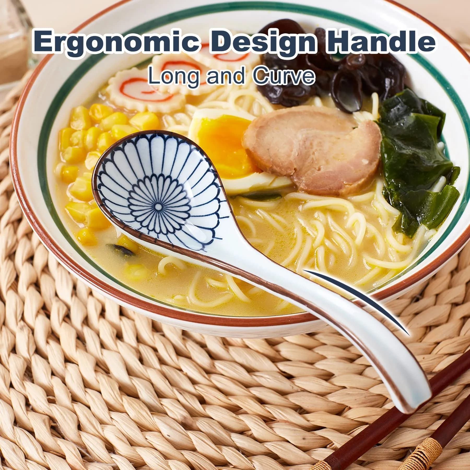 Hoilse Ceramic Asian Soup Spoons Set of 8 - Blue | 16.5cm (6.5in) Easy-Grip Long Handle - view 4
