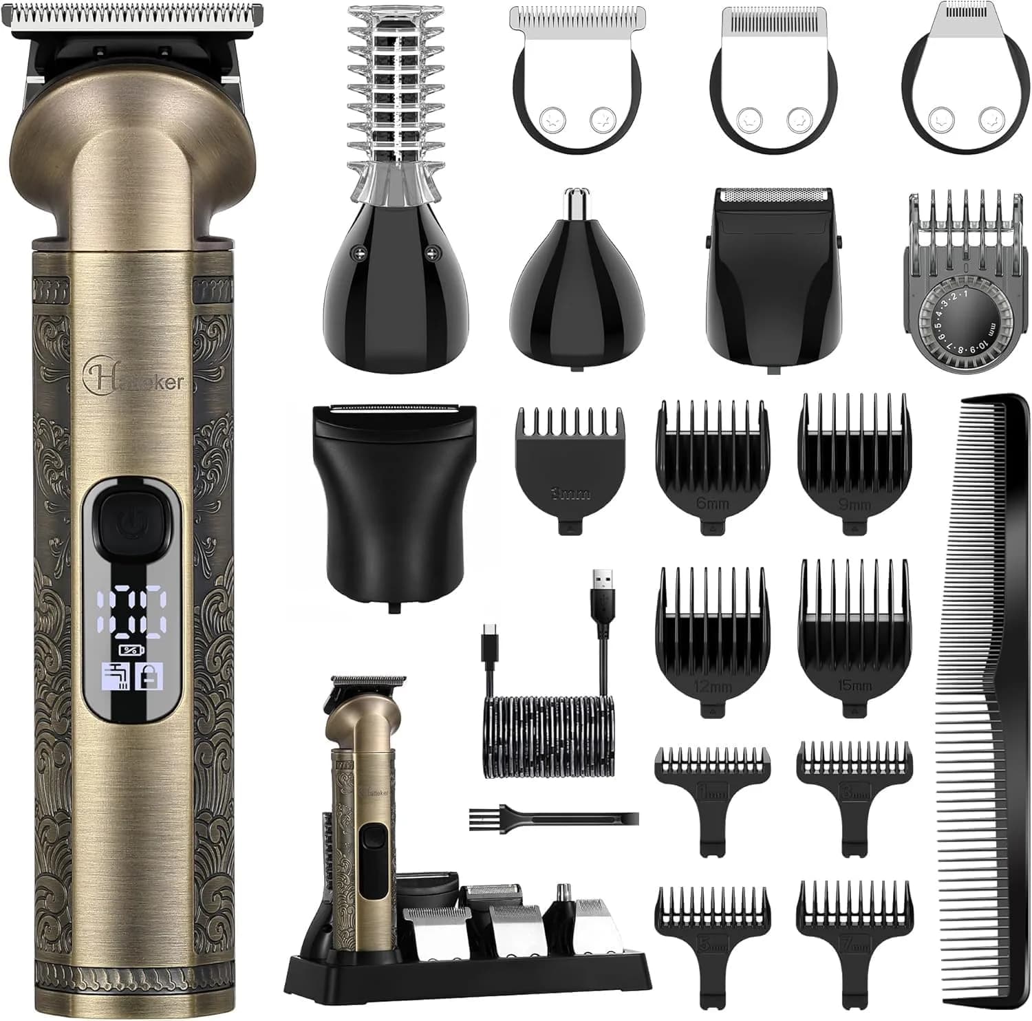 Hatteker Beard Trimmer Kit Professional Hair Clipper Zero Gapped T-Blade 0.3mm | 8-in-1 Cordless Grooming Kit for Men — Bronze