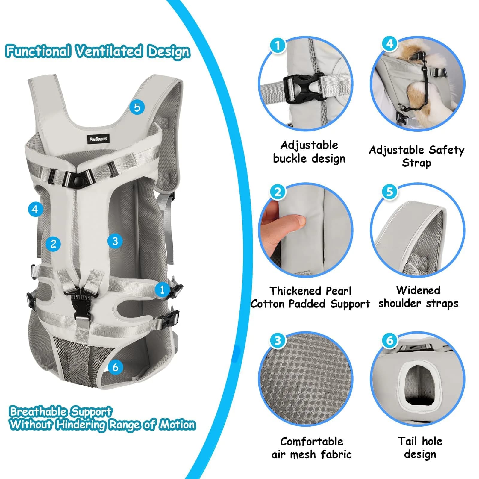 PetBonus Grey Large Dog Carrier Backpack | Hands-Free Hiking Cycling Travel - view 2