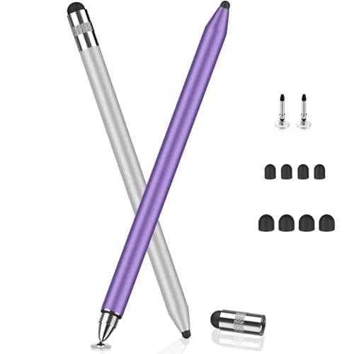 MEKO 3-in-1 Stylus Pen for Touchscreens, 2-Pack Silver/Purple | Universal iPad Stylus with Disc Tip & Rubber Nibs thumbnail 1