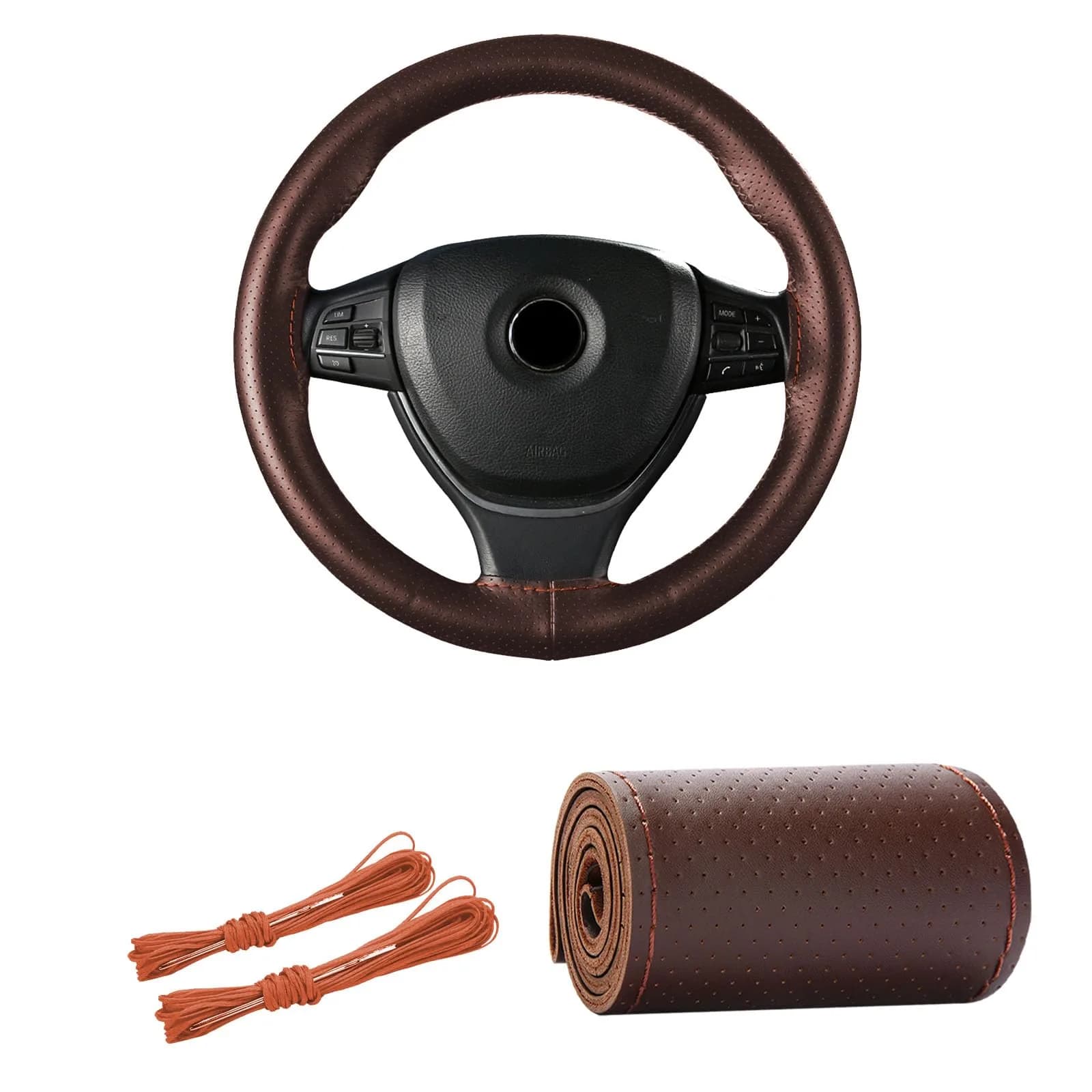 Kewucn Genuine Leather Steering Wheel Cover 15" | Breathable, Anti-Slip DIY Stitch (Coffee, Full Hole) - main product image