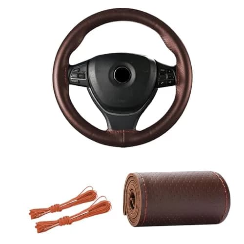 Kewucn Genuine Leather Steering Wheel Cover 15" | Breathable, Anti-Slip DIY Stitch (Coffee, Full Hole) thumbnail 1