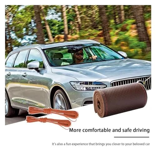 Kewucn Genuine Leather Steering Wheel Cover 15" | Breathable, Anti-Slip DIY Stitch (Coffee, Full Hole) thumbnail 6